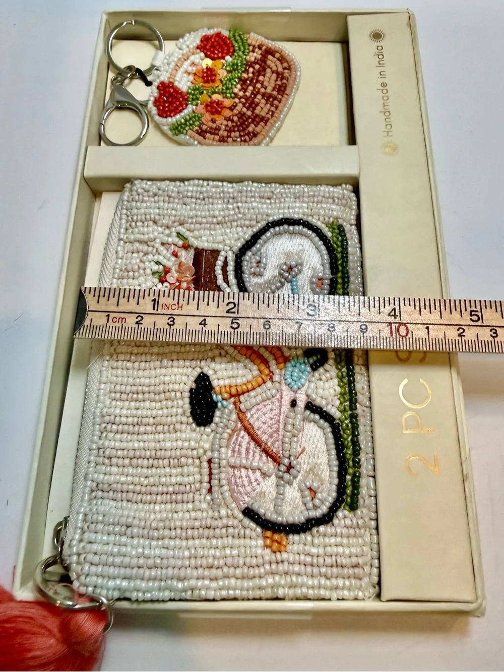 * Handmade Beaded Bicycle Zippered Pouch and Keychain Set - White